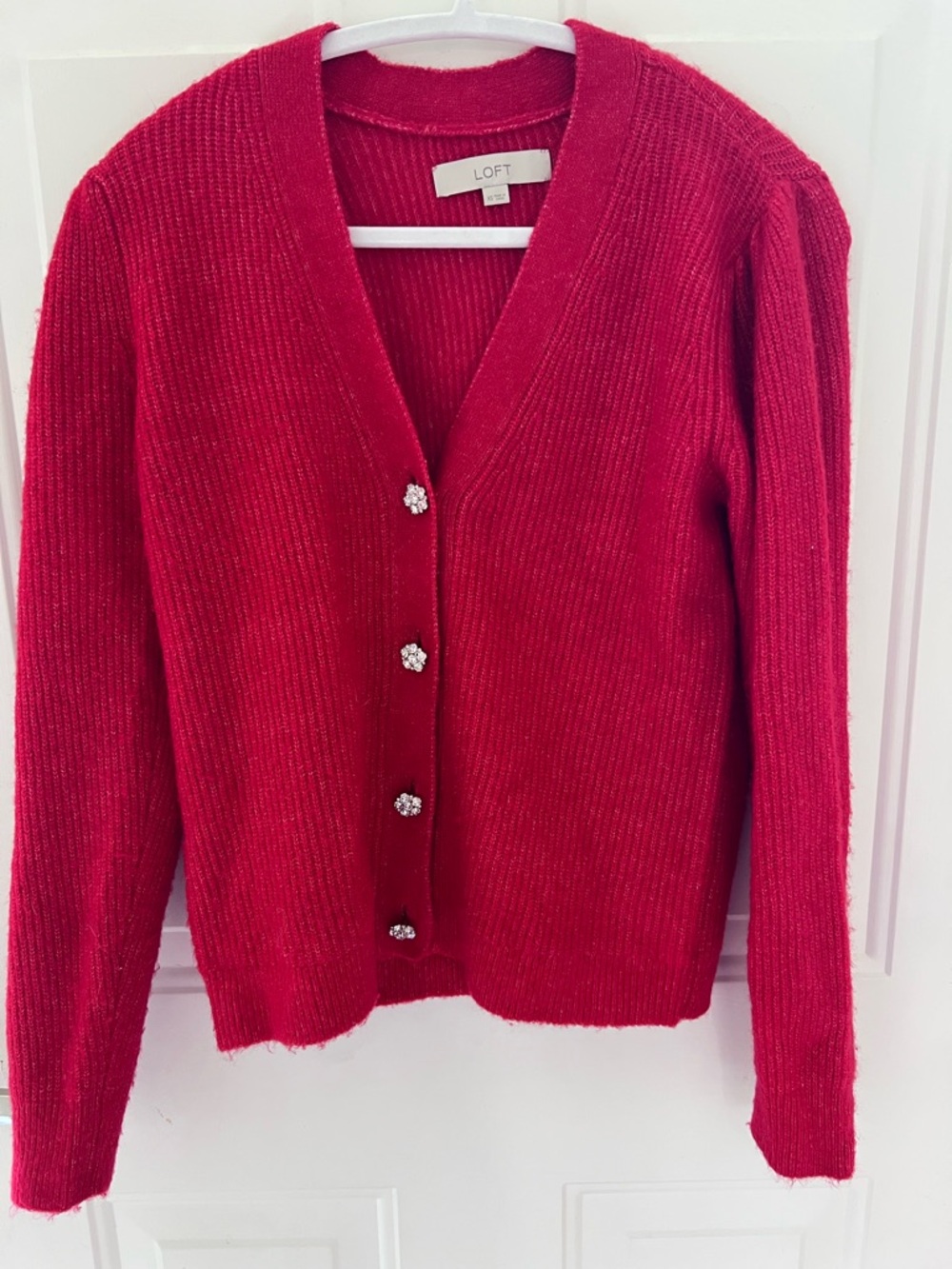 LOFT Red V-Neck Button Cardigan with Crystal Buttons